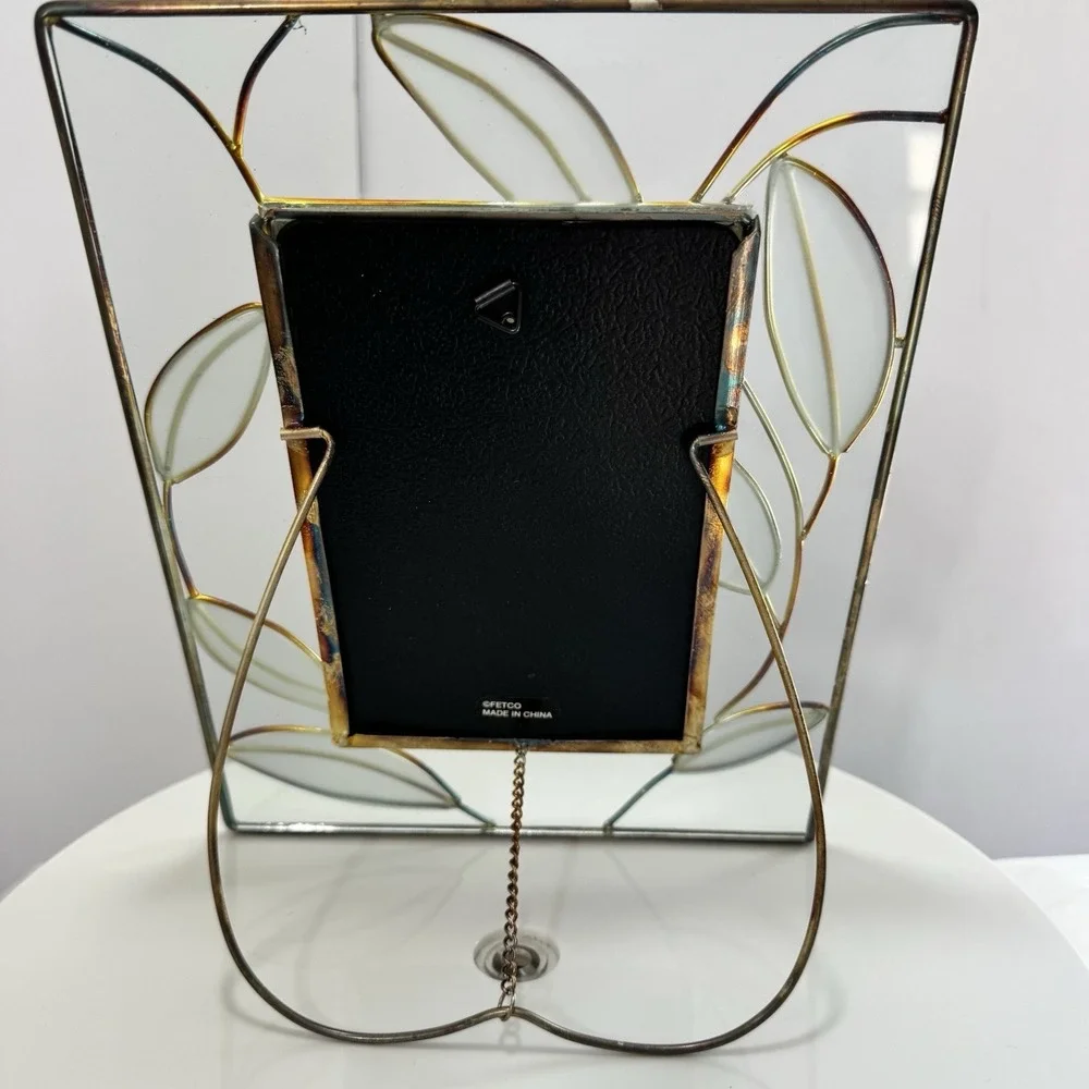 Brass & Glass Picture Frame 4X6” Vintage Garden Gate Fetco Leaves, Glass Square‎